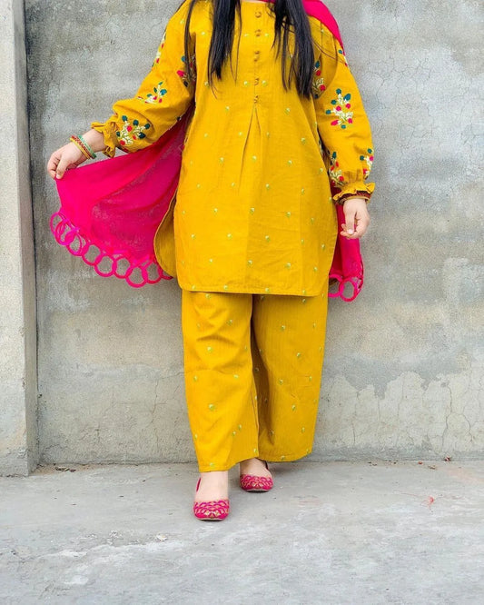 Yellow Embroidered Linen Shirt & Trouser Set