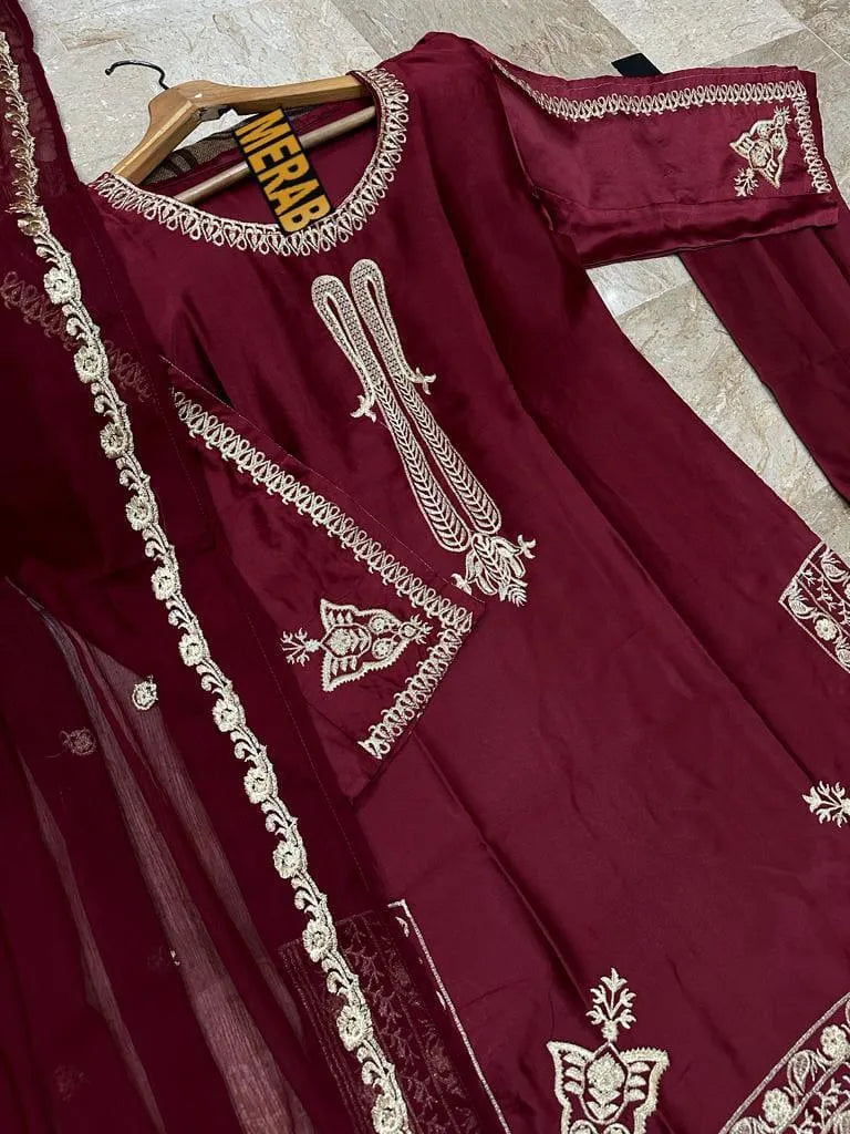 Maroon Embroidered Shamoz Silk 3Pcs Women Suit