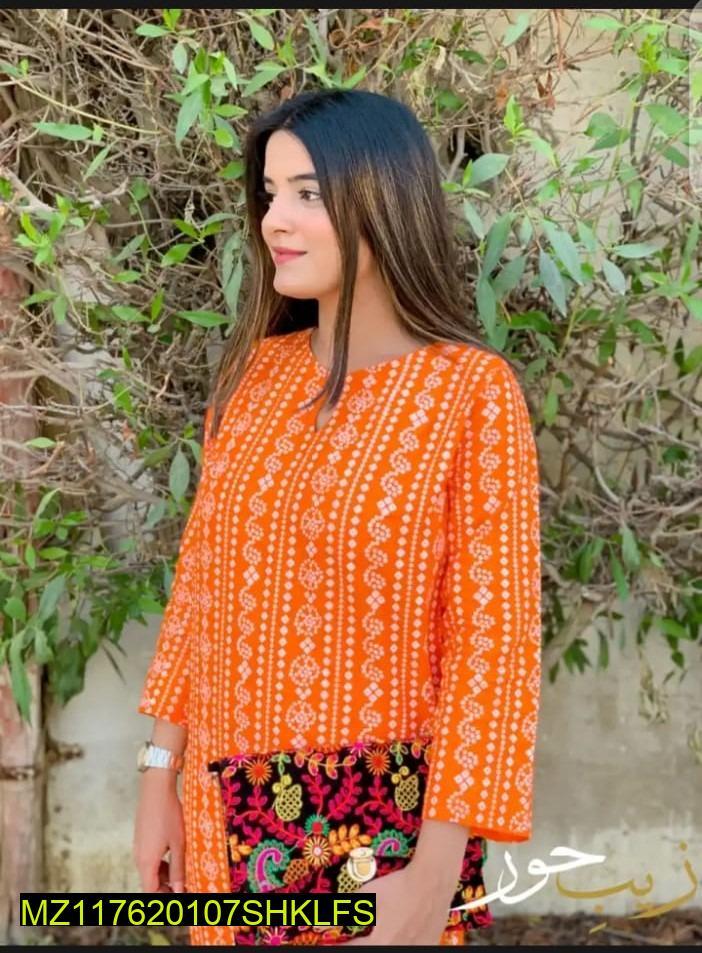 Orange Printed Linen 2Pcs Women Shirt Trouser Set Medium