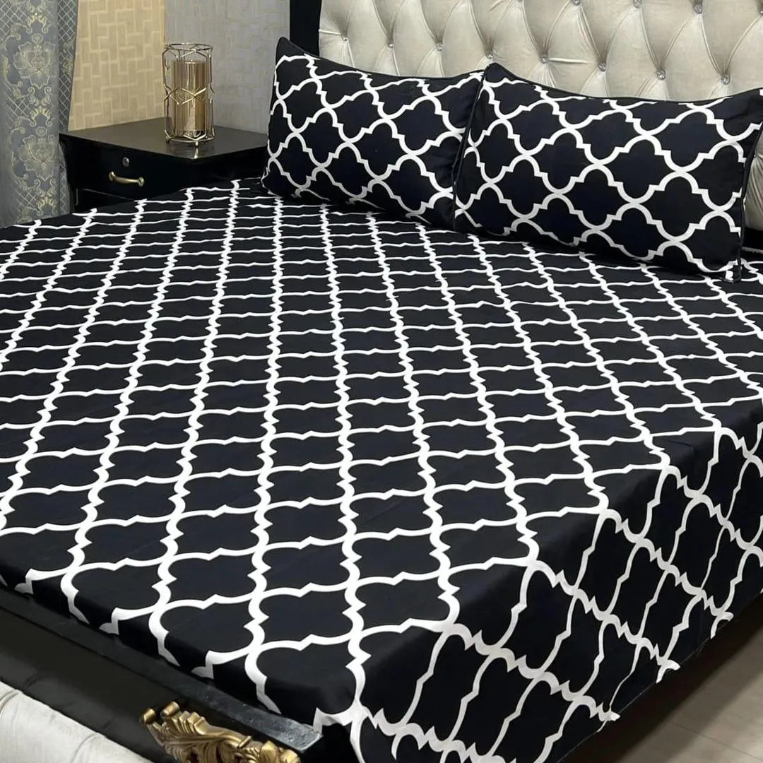 Black Printed Crystal Cotton Double Bedsheet with 2 Pillow Covers
