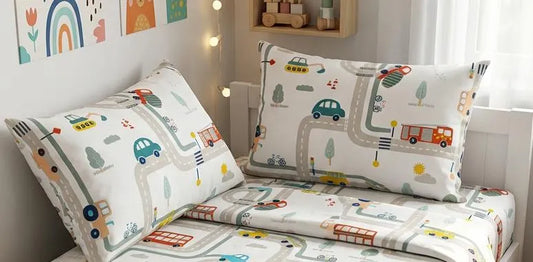 Cotton Printed Single Bedsheet Set Off White with Car Road Pattern