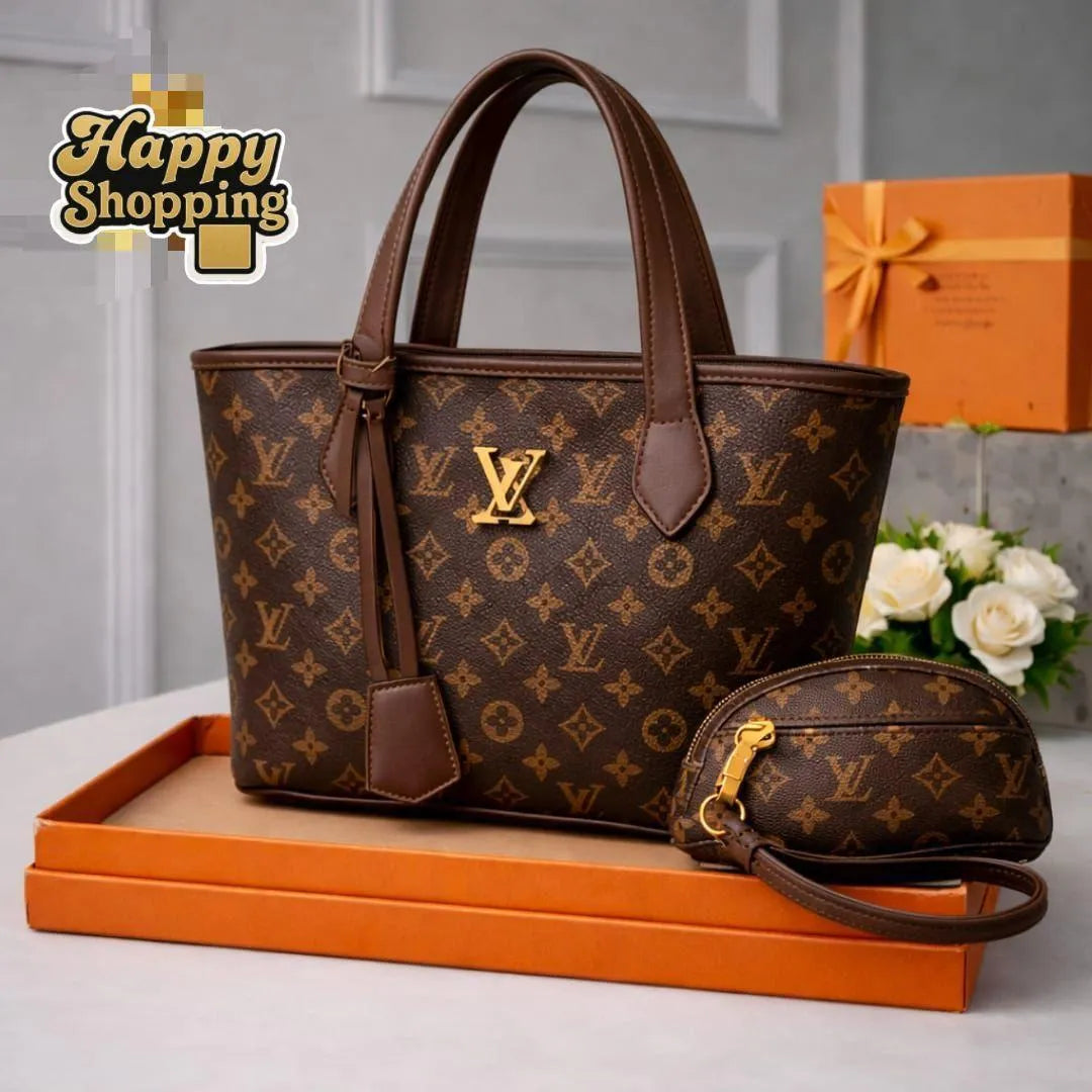 Brown Leather Handbag Set 2 Pcs Top Handle