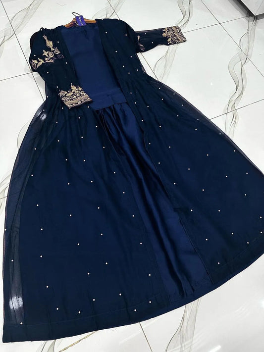 Blue Embroidered Shamoz Silk 3Pcs Gown Suit for Eid Party Wear