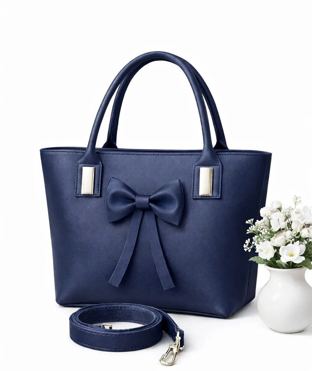 Blue Leather Shoulder Bag with Bow Knot for Women