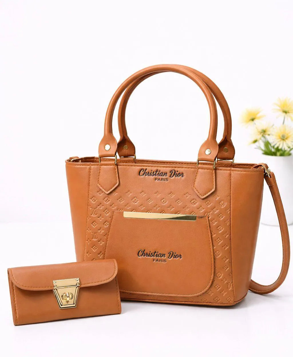 Women Leather Shoulder Bag Mustard 2Pcs Set