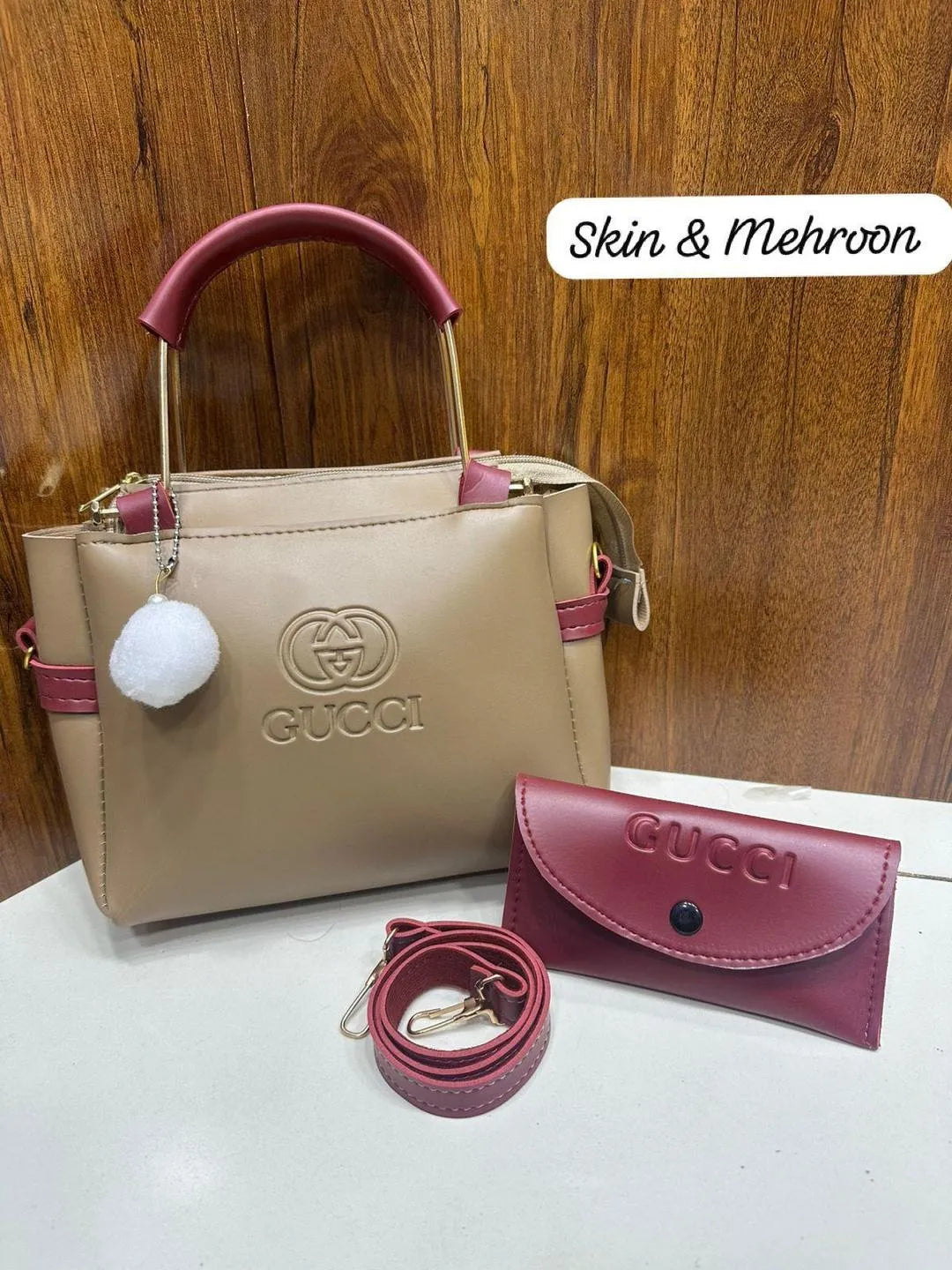 Women's Beige Leather Hand Bag Set with Top Handle and 2 Pcs
