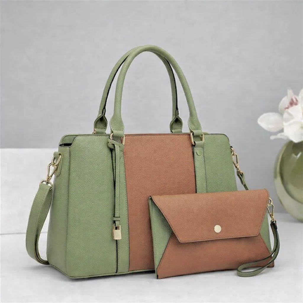 Girls Leather Handbag Set Green 2 Pcs Top Handle