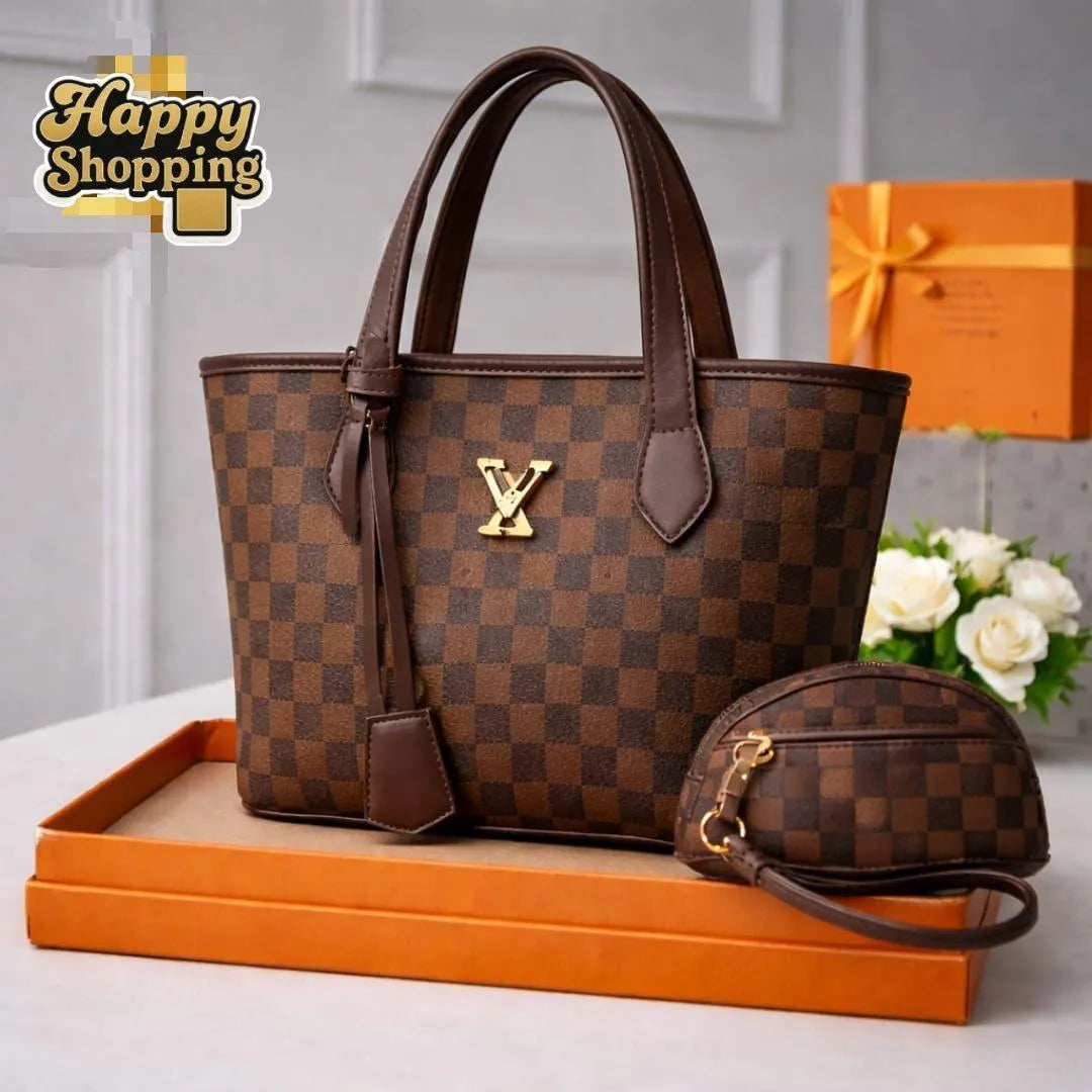 Girls Brown Leather Handbag Set 2 Pcs Top Handle