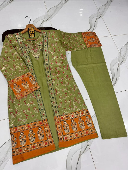 3 Pcs Women Cotton Embroidered Gown Suit Ivory