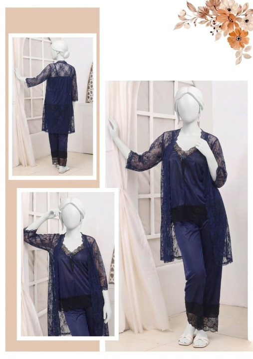 3 Pcs Premium Silk & Net Black Lace Women's Sleepwear Set Top Trouser & Gown (Size free)