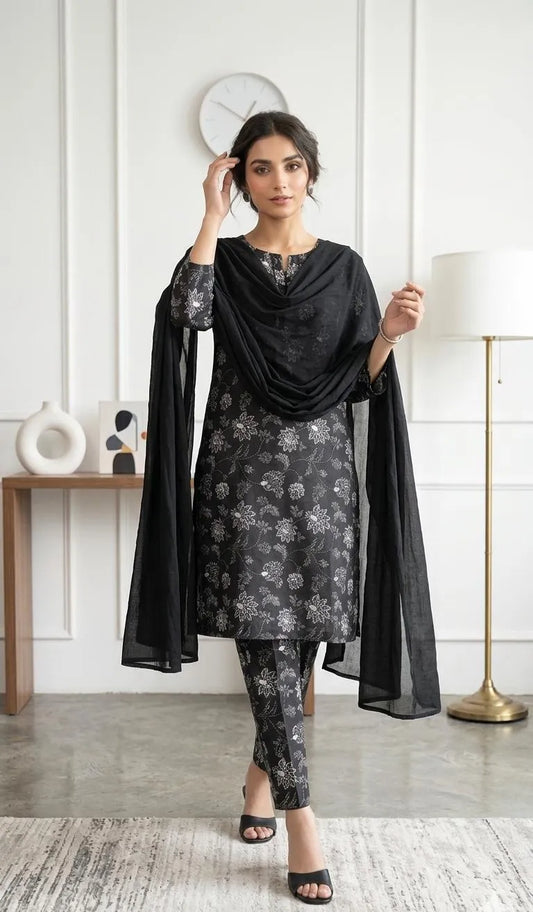 Black Floral Printed Kurta Set with Chiffon Dupatta