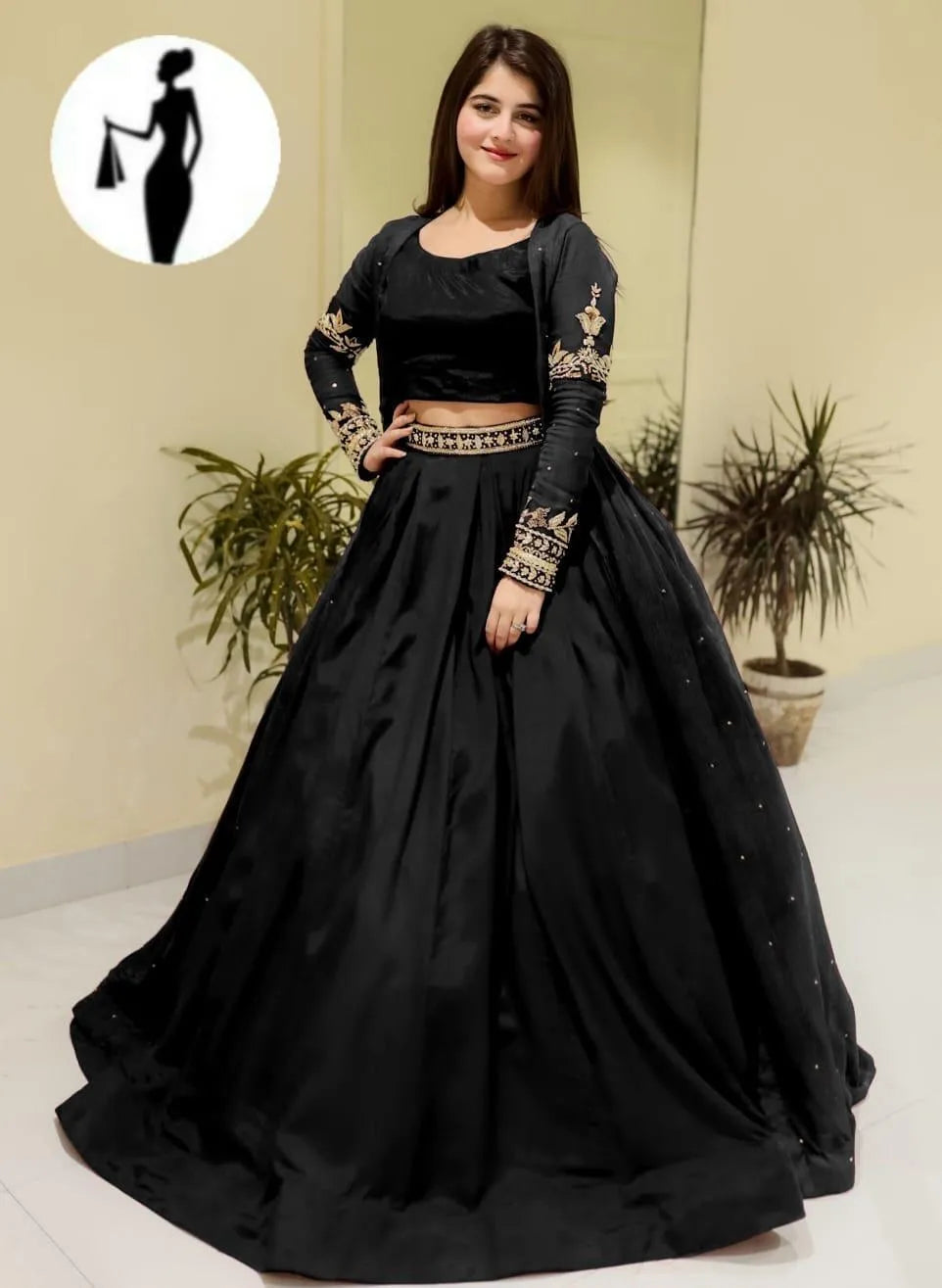 Black Embroidered 3Pcs Shamoz Silk Gown Suit for Women