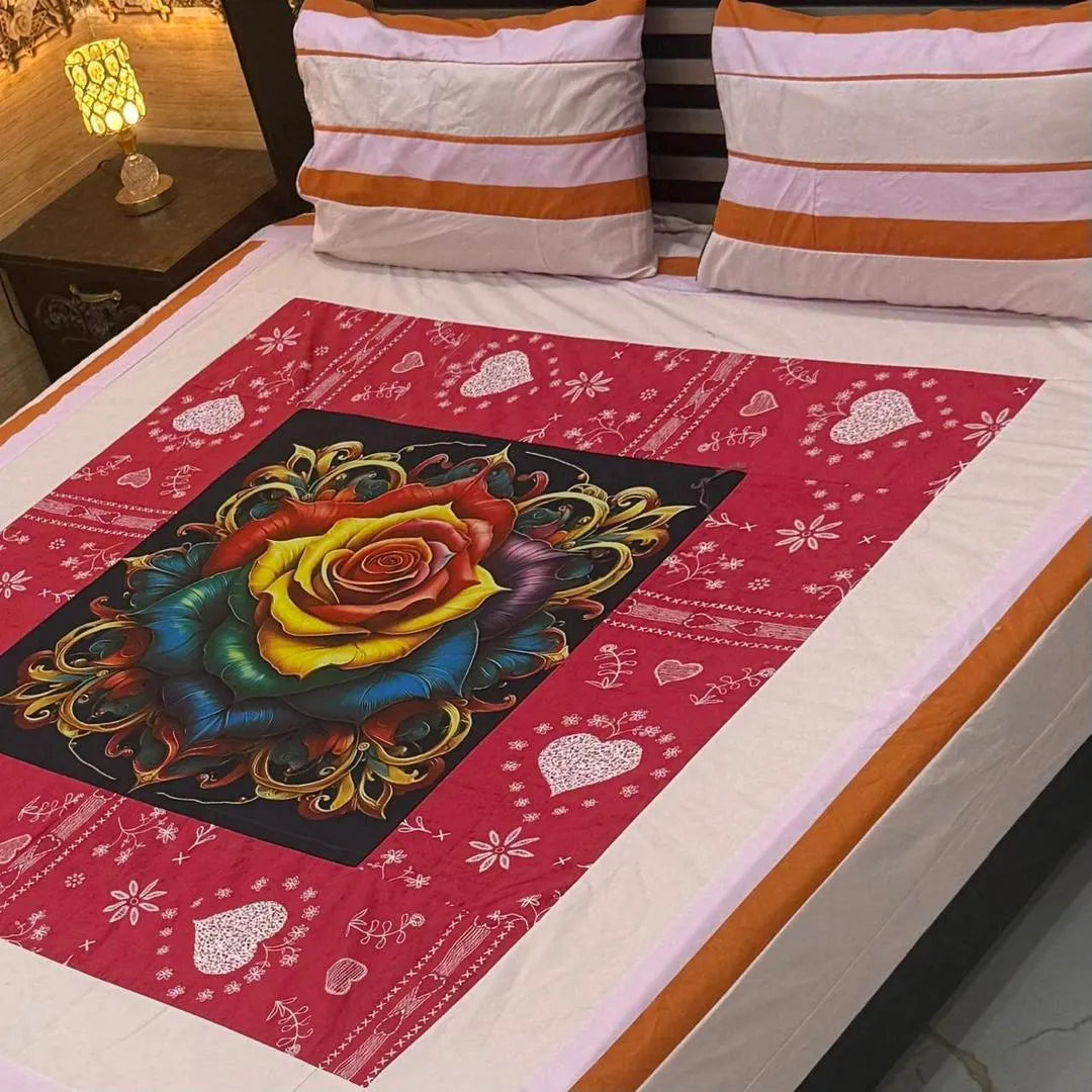 Vibrant 3 Pcs Cotton Sotton Digital Gold Panel Patchwork Double Bedsheet