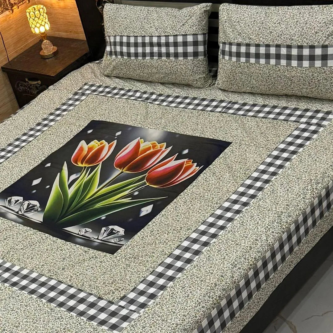 Vibrant 3 Pcs Cotton Sotton Digital Gold Panel Patchwork Double Bedsheet