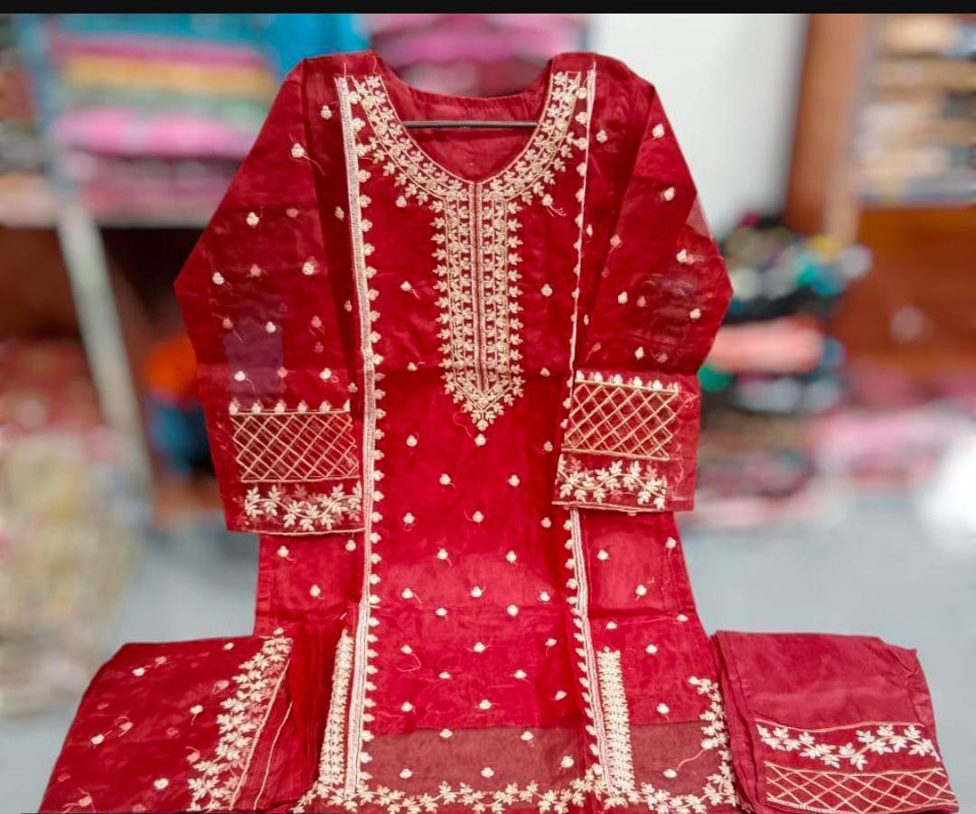 Elegant Women's Organza Embroidered 3-Pc Suit Red Medium