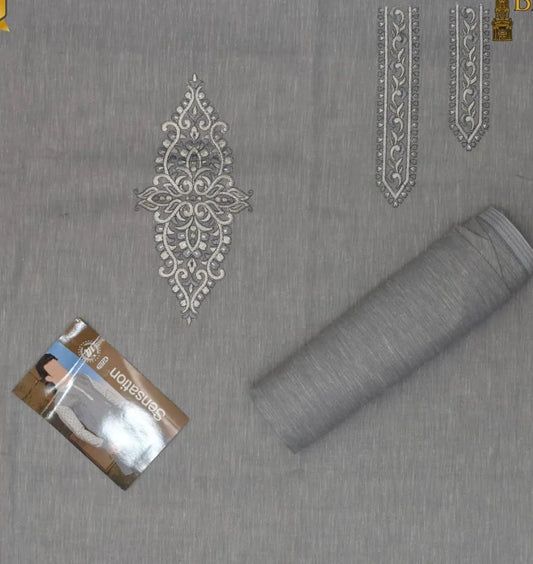 Men's Grey Embroidered Cotton Suit Summer Eid Party Wear
