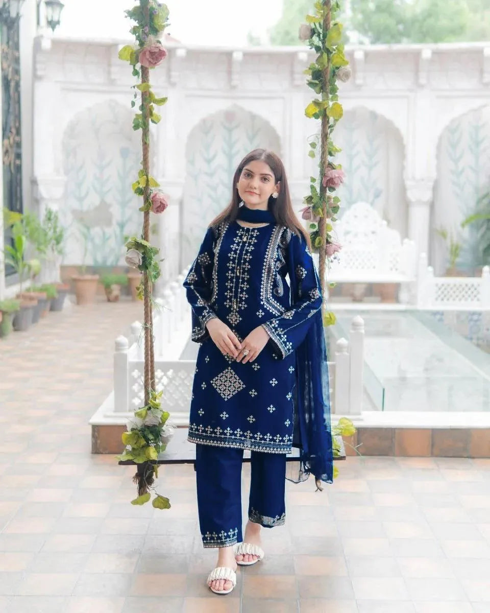 Blue Sequins Embroidered Women's Cotton Suit 3Pcs with Chiffon Dupatta