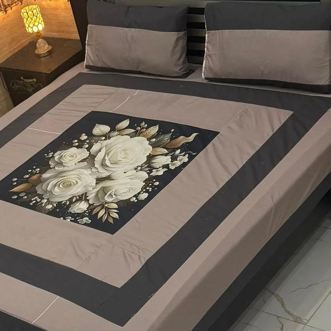 Vibrant 3 Pcs Cotton Sotton Digital Gold Panel Patchwork Double Bedsheet