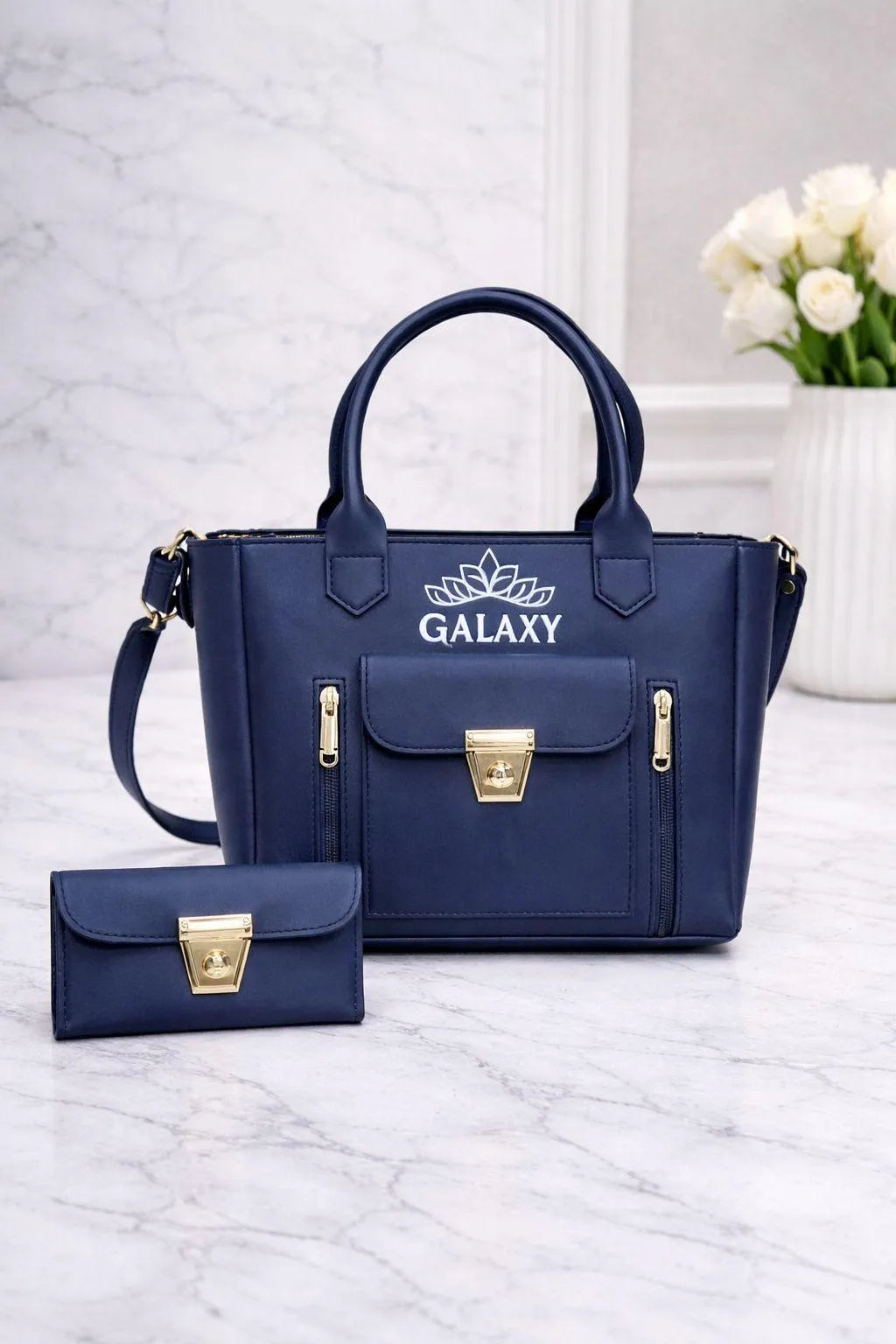 Blue Leather Girl's Hand Bag Set 2 Pcs Top Handle