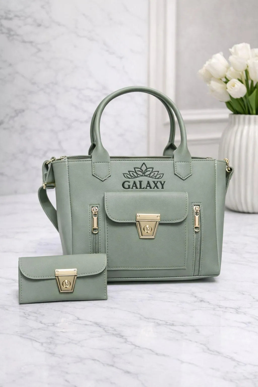 Grey Leather Hand Bag Set 2 Pcs Top Handle