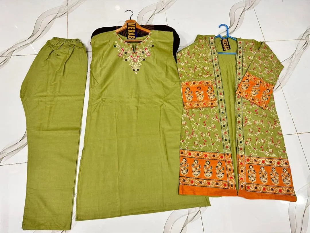 3 Pcs Women Cotton Embroidered Gown Suit Ivory