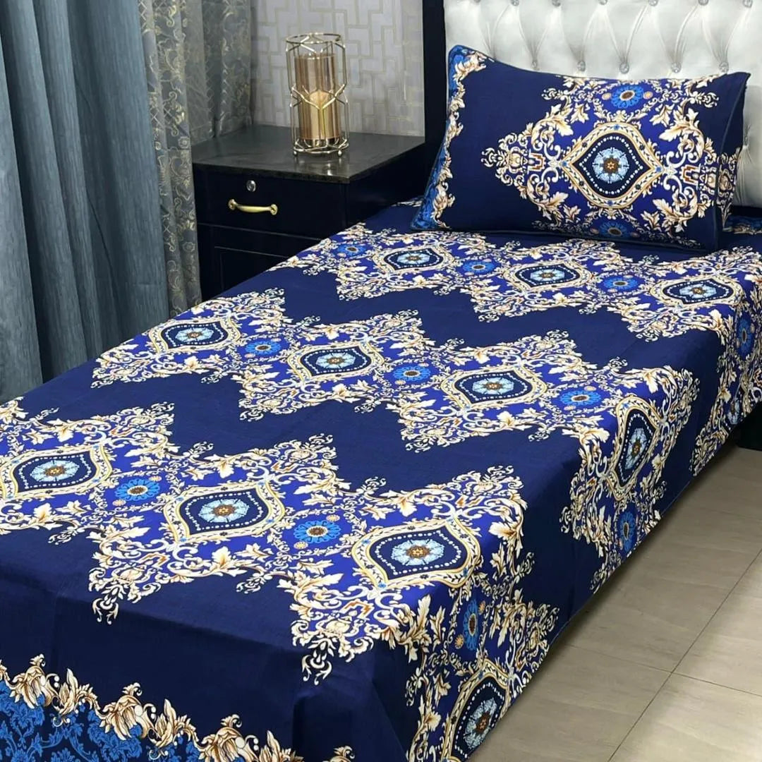 Blue Crystal Cotton Printed Single Bedsheet with Pillow Cover