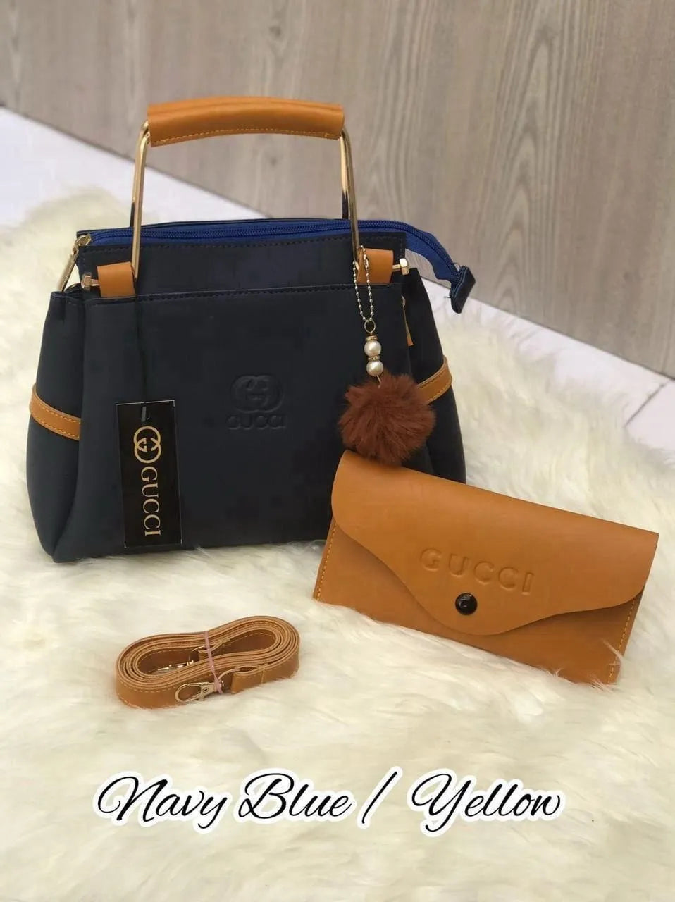 Girls Navy Blue Leather Hand Bag Set with Top Handle and Wallet