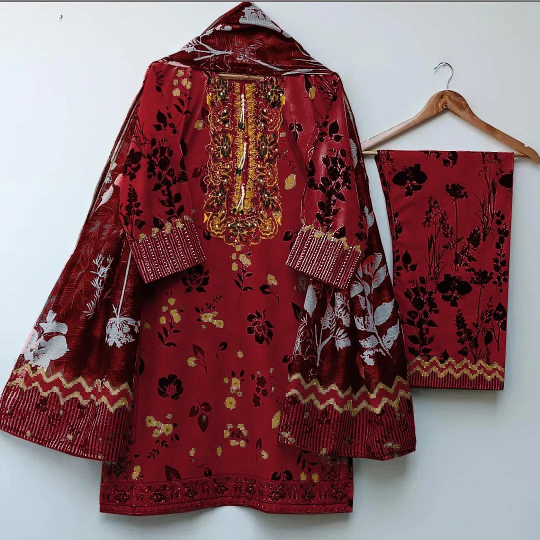 Maroon Printed 3Pcs Lawn Suit with Embroidery