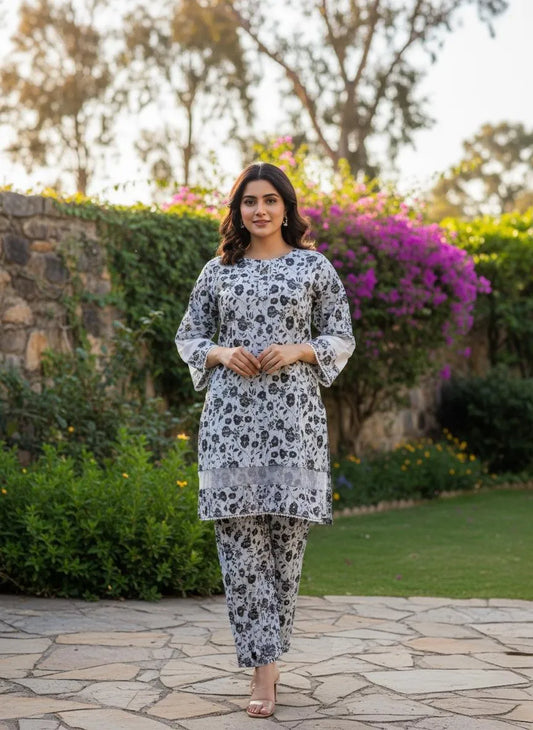 2 Pcs Women Printed Cotton Lawn Shirt & Trouser Multicolor