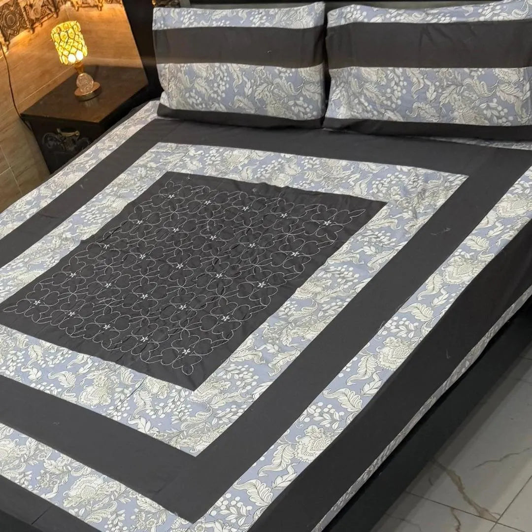 Stylish 3 Pcs Cotton Sotton Embroidered Patchwork Double Bedsheet