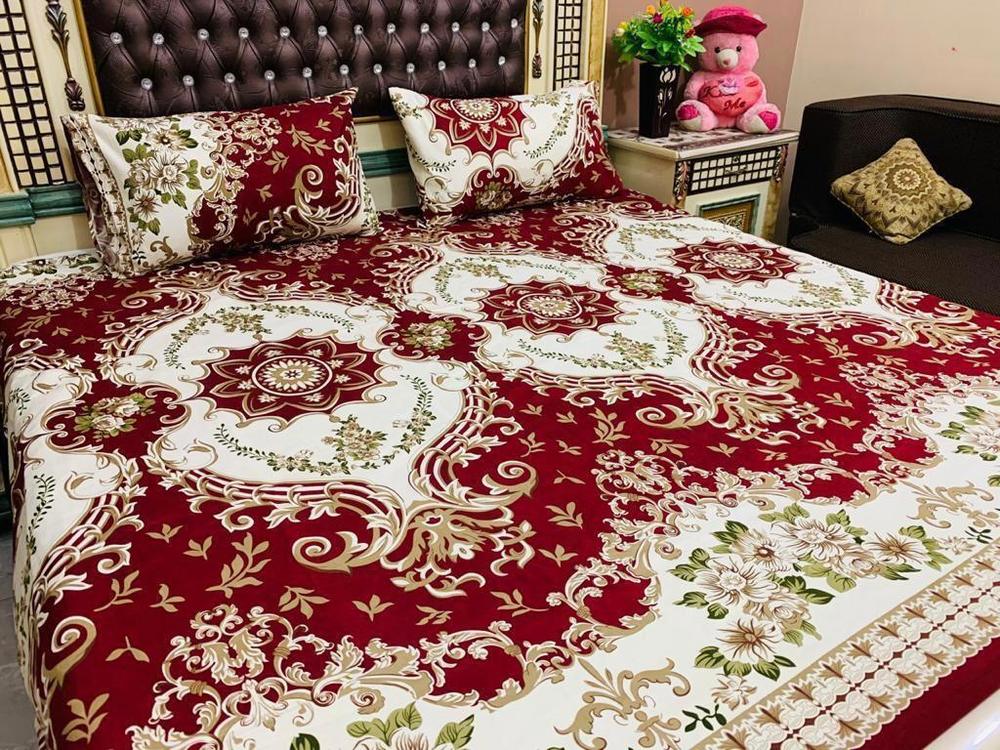 Crystal Cotton Printed Double Bedsheet Set Red Gold Floral