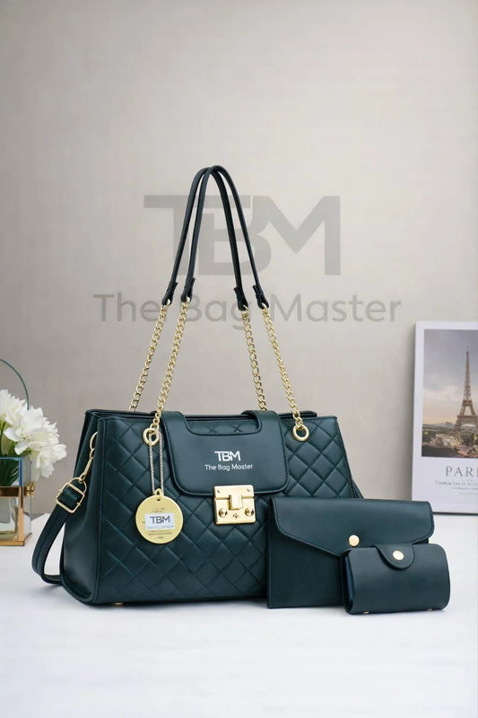 Elegant Quilted 3-Piece Handbag Set for Girls Black Rexine