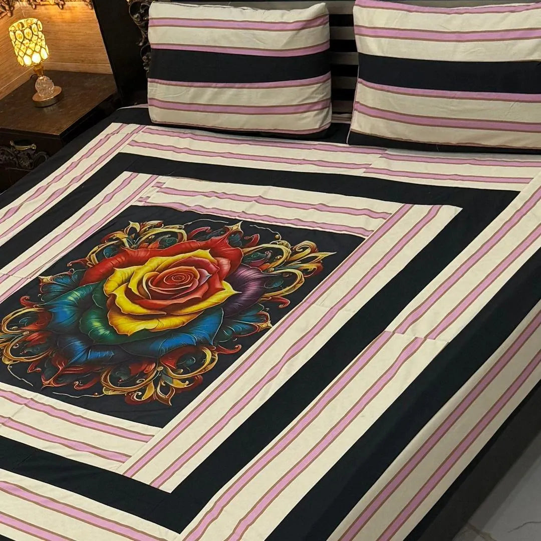 Vibrant 3 Pcs Cotton Sotton Digital Gold Panel Patchwork Double Bedsheet