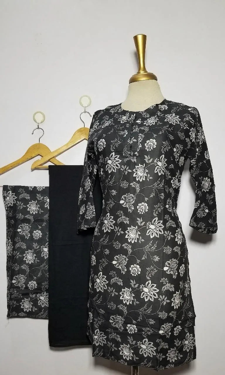 Black Floral Printed Kurta Set with Chiffon Dupatta