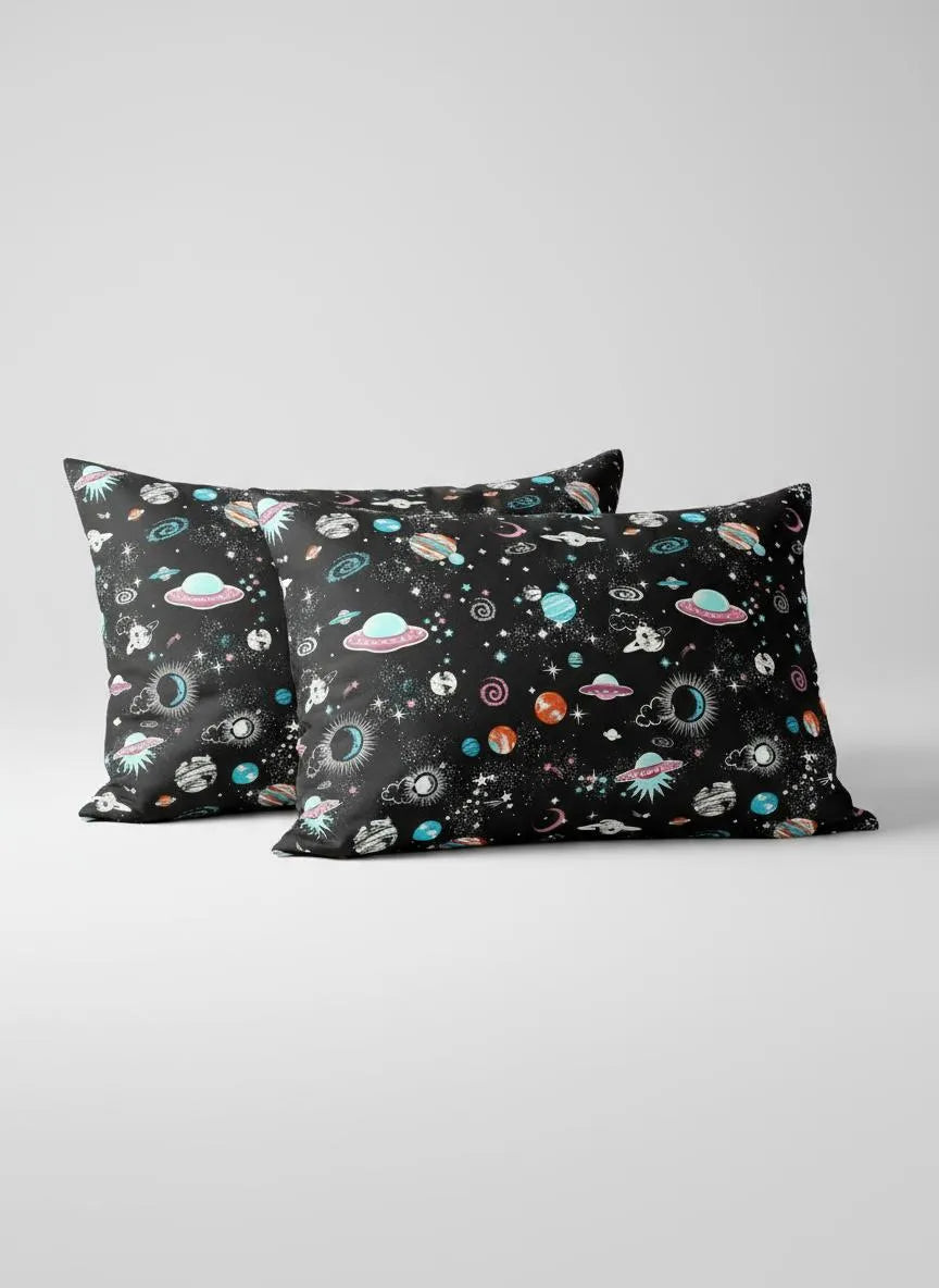 Black Printed Cotton Bedsheet Set for Single Bed with Pillow Cover