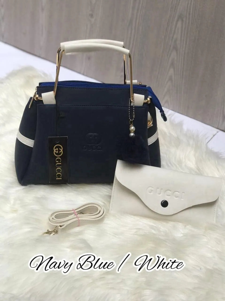Women's Navy Blue Leather Hand Bag Set with White Wallet