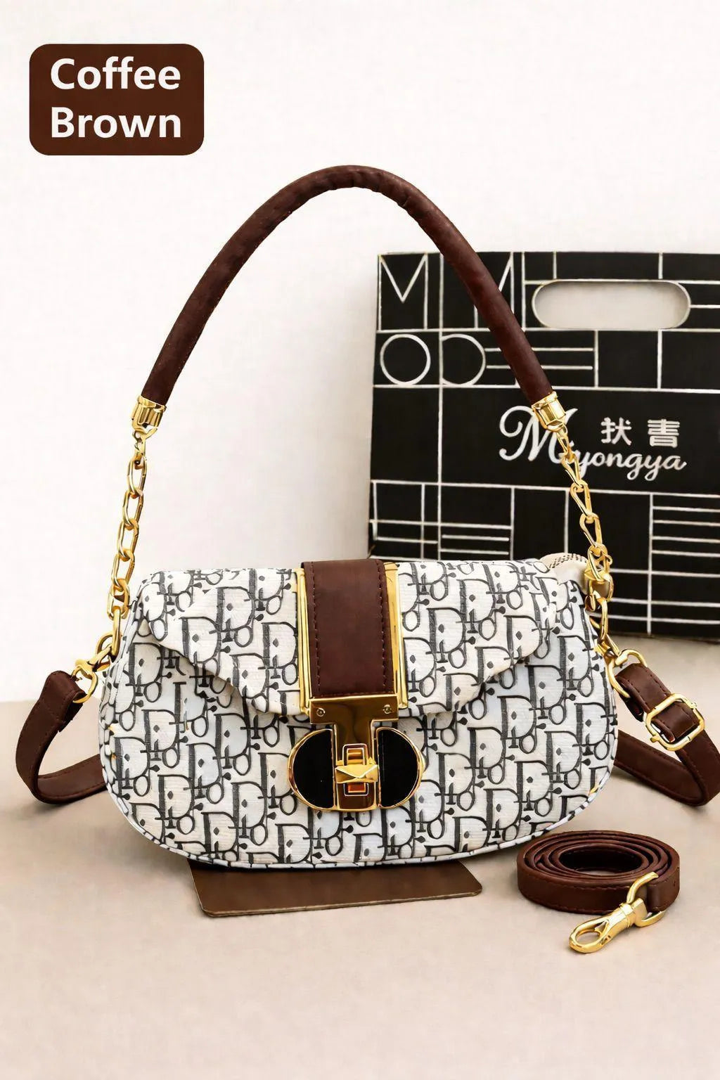 Girl's Coffee Brown Leather Shoulder Bag with Gold Chain