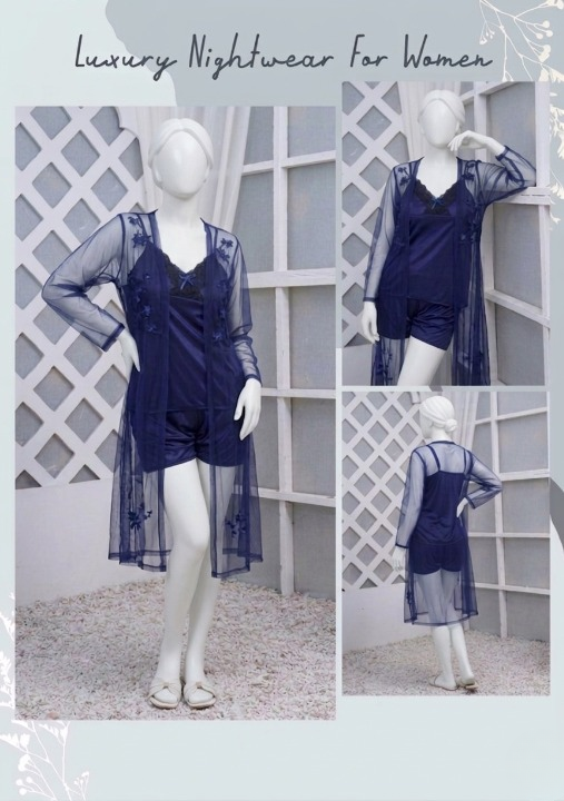 3 Pcs Luxurious Silk & Net Black Lace Women's Sleepwear Set Top Short & Gown Nightwear (Free Size)