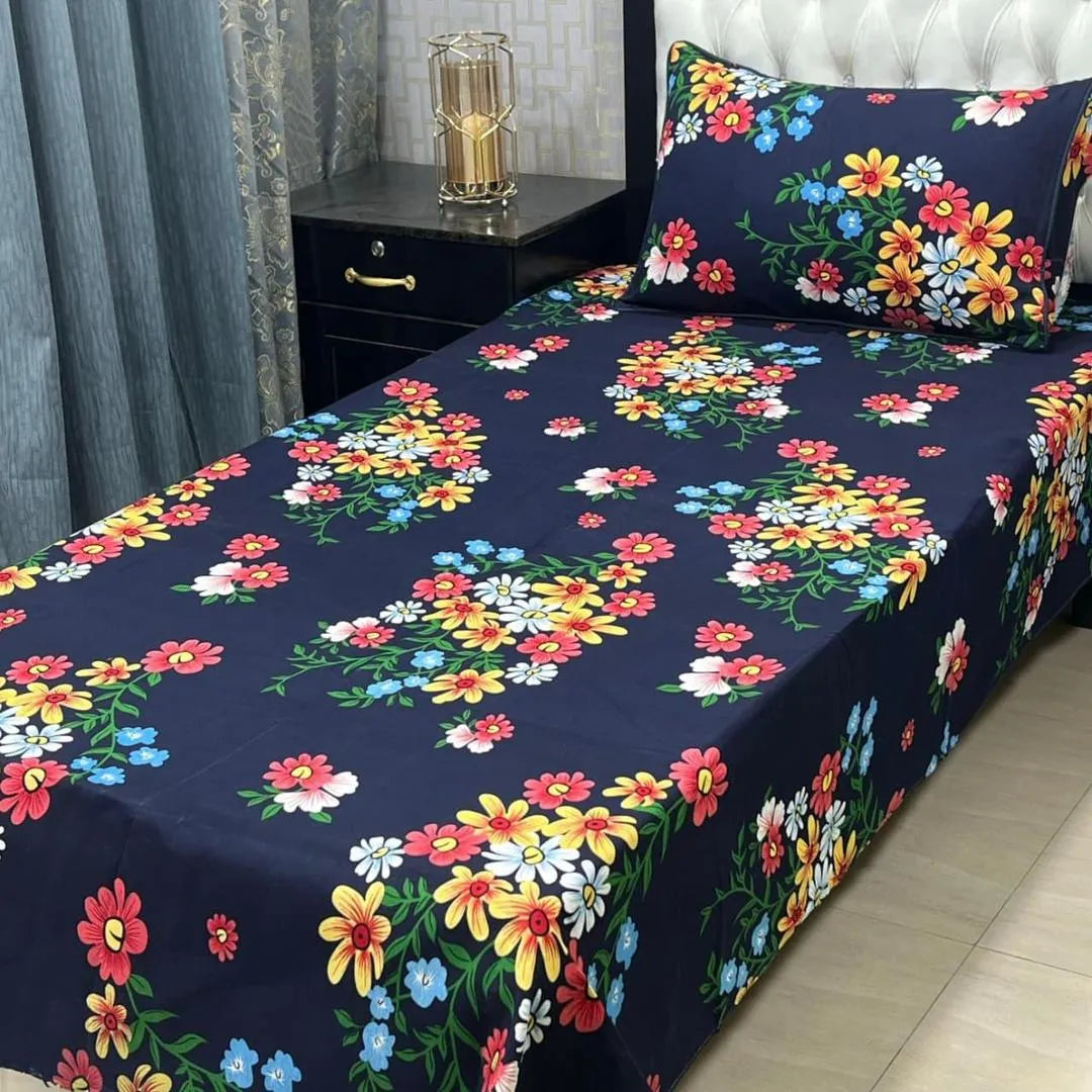 Crystal Cotton Floral Bedsheet Blue Single Bed Set