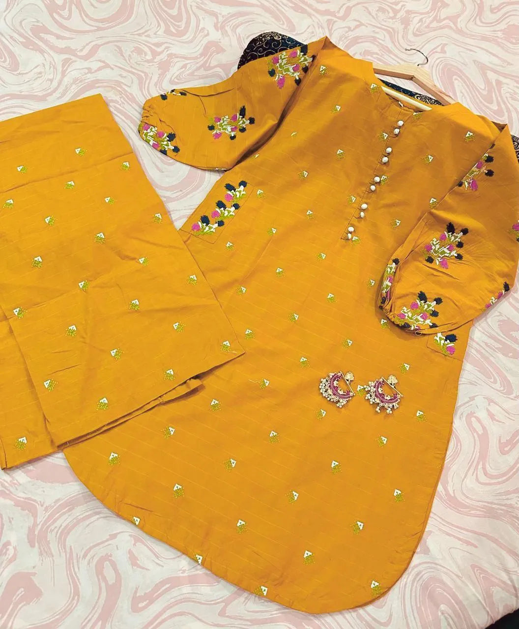 Yellow Embroidered Linen Shirt & Trouser Set