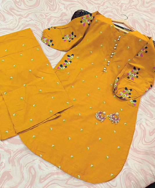 Yellow Embroidered Linen Shirt & Trouser Set