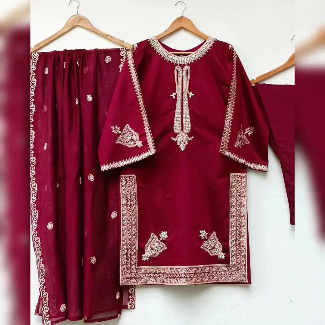 Maroon Embroidered Shamoz Silk 3Pcs Women Suit