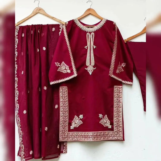 Maroon Embroidered Shamoz Silk 3Pcs Women Suit
