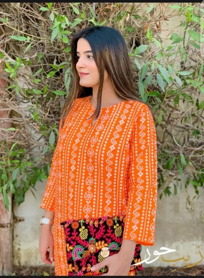 Orange Printed Linen 2Pcs Women Shirt Trouser Set Medium
