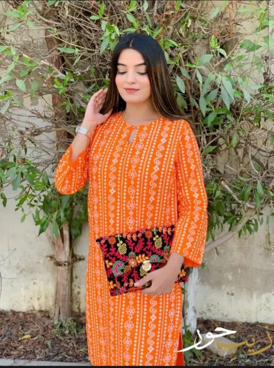 Orange Printed Linen 2Pcs Women Shirt Trouser Set Medium
