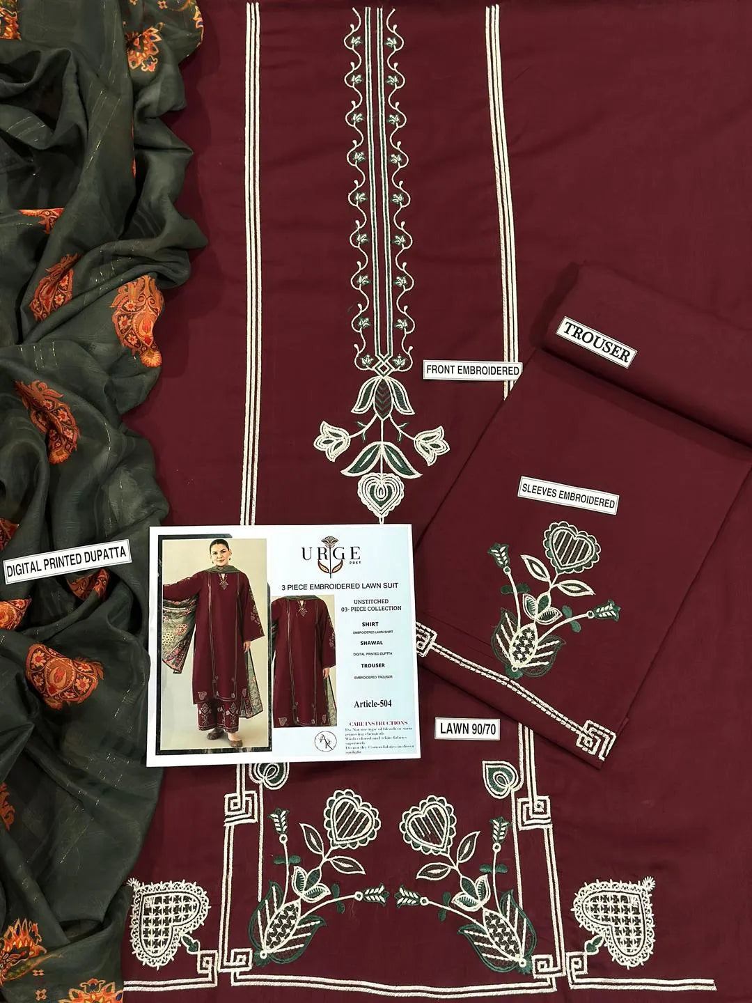 3 Pcs Women's Unstitched Embroidered Suit
