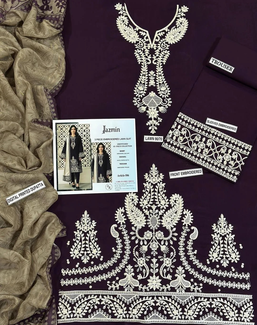 3 Pcs Women's Unstitched Embroidered Suit