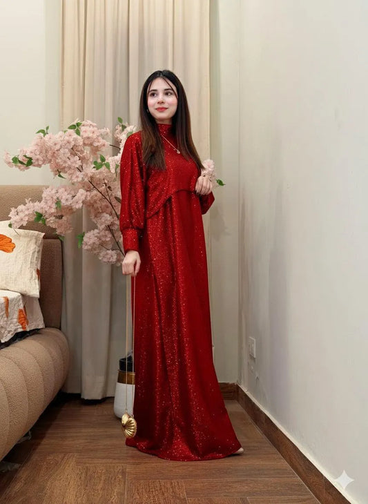 Red Sequin 2Pcs Maxi Dress Set Party Wear