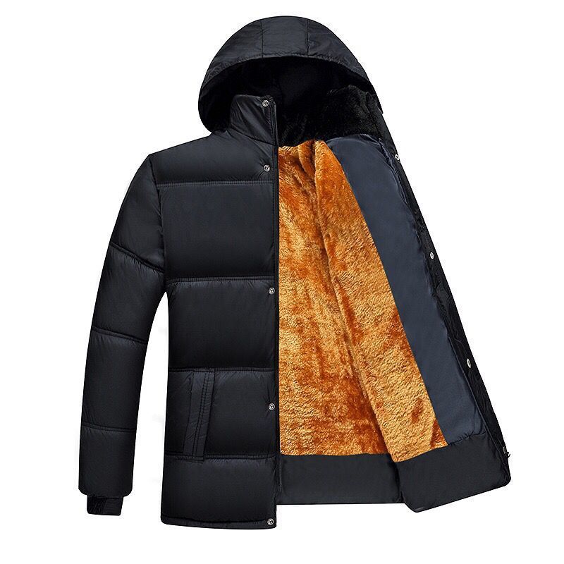 Men's fleece-lined thickened warm hooded dad cotton-padded jacket