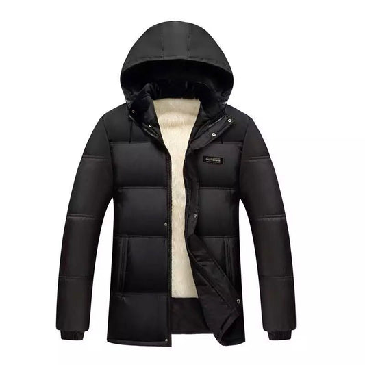 Men's fleece-lined thickened warm hooded dad cotton-padded jacket
